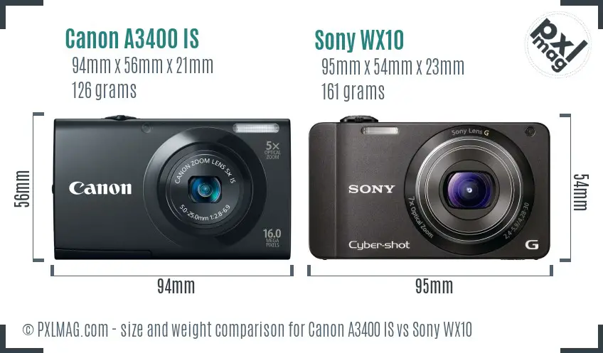Canon A3400 IS vs Sony WX10 size comparison Canon A3400 IS vs Sony WX10 size comparison