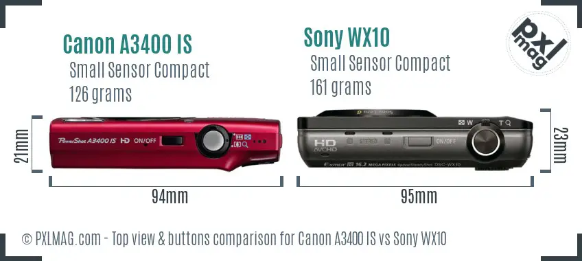 Canon A3400 IS vs Sony WX10 top view buttons comparison Canon A3400 IS vs Sony WX10 top view buttons comparison