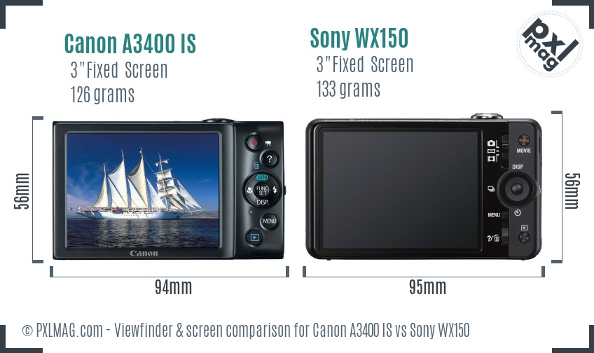 Canon A3400 IS vs Sony WX150 Screen and Viewfinder comparison