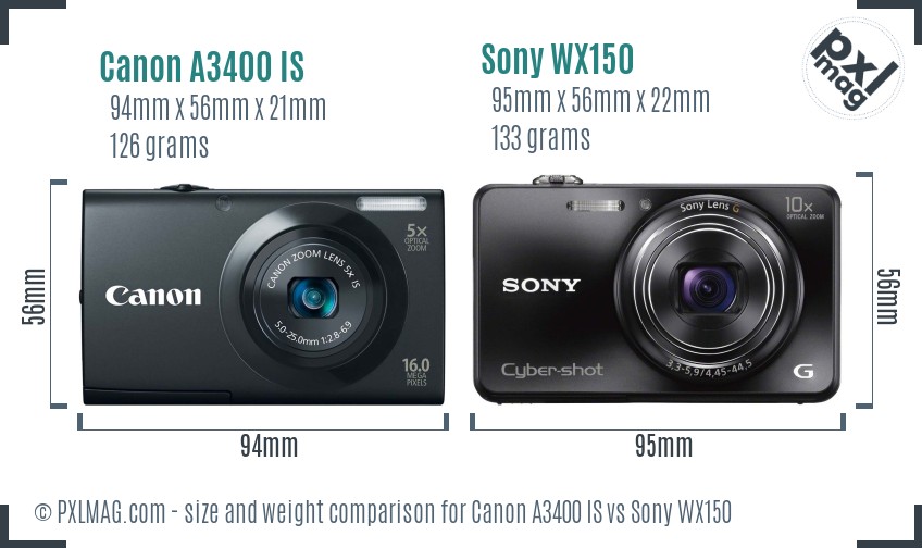 Canon A3400 IS vs Sony WX150 size comparison Canon A3400 IS vs Sony WX150 size comparison
