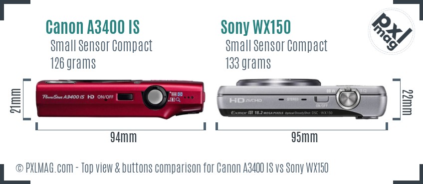 Canon A3400 IS vs Sony WX150 top view buttons comparison