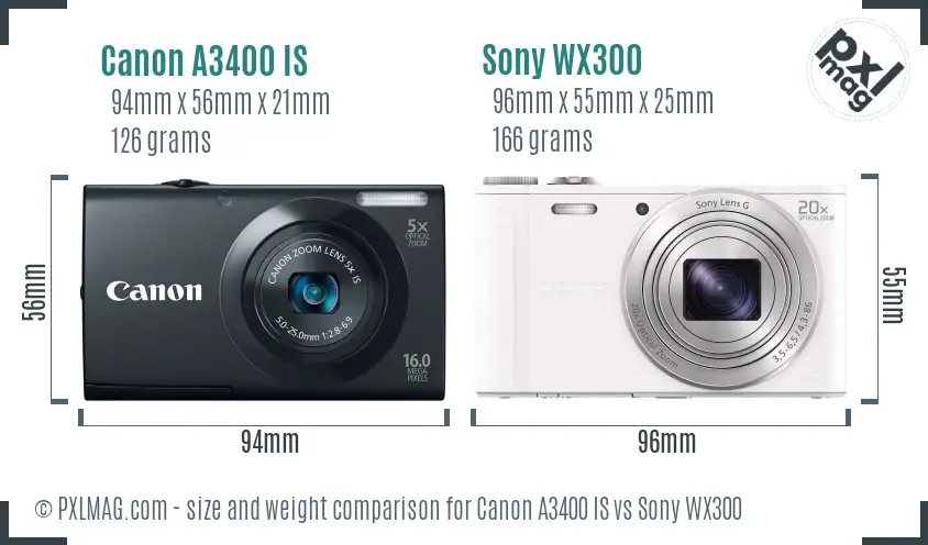 Canon A3400 IS vs Sony WX300 size comparison
