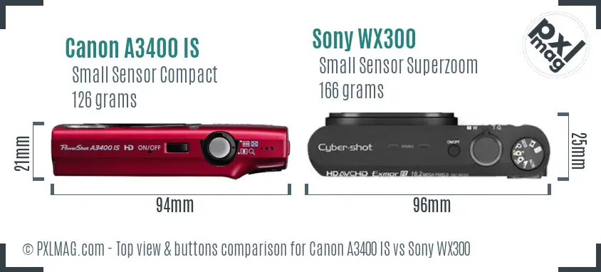 Canon A3400 IS vs Sony WX300 top view buttons comparison