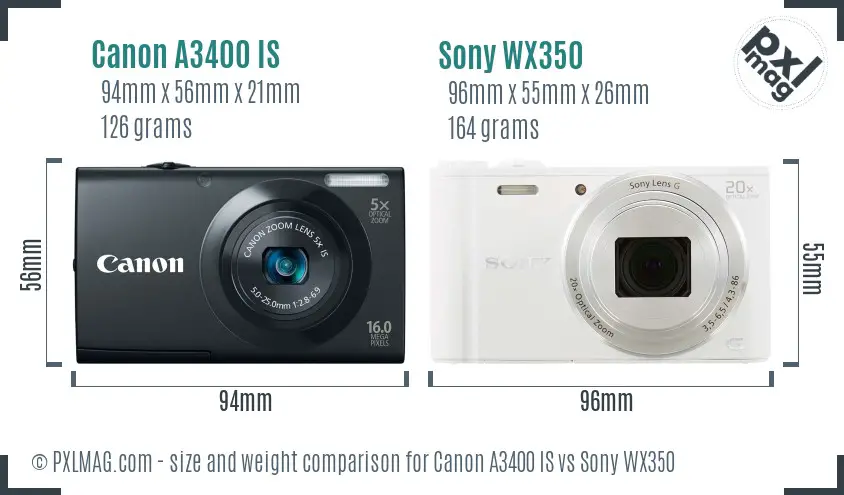 Canon A3400 IS vs Sony WX350 size comparison