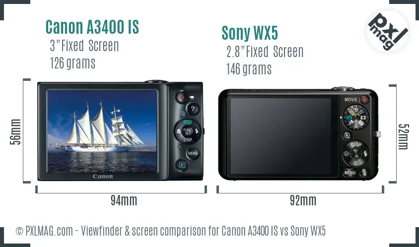 Canon A3400 IS vs Sony WX5 Screen and Viewfinder comparison