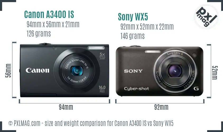 Canon A3400 IS vs Sony WX5 size comparison