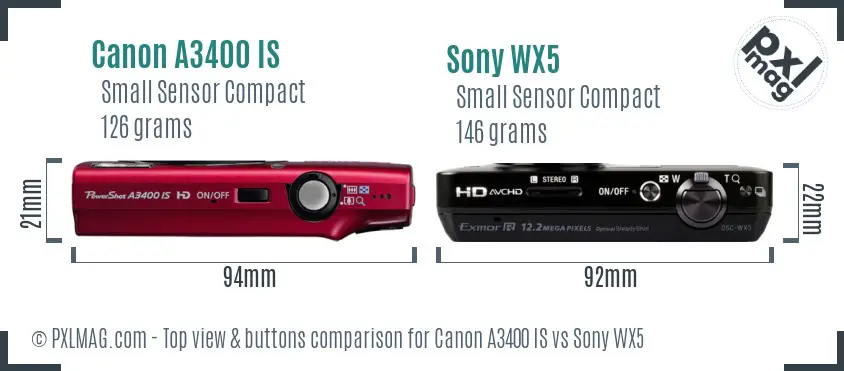 Canon A3400 IS vs Sony WX5 top view buttons comparison