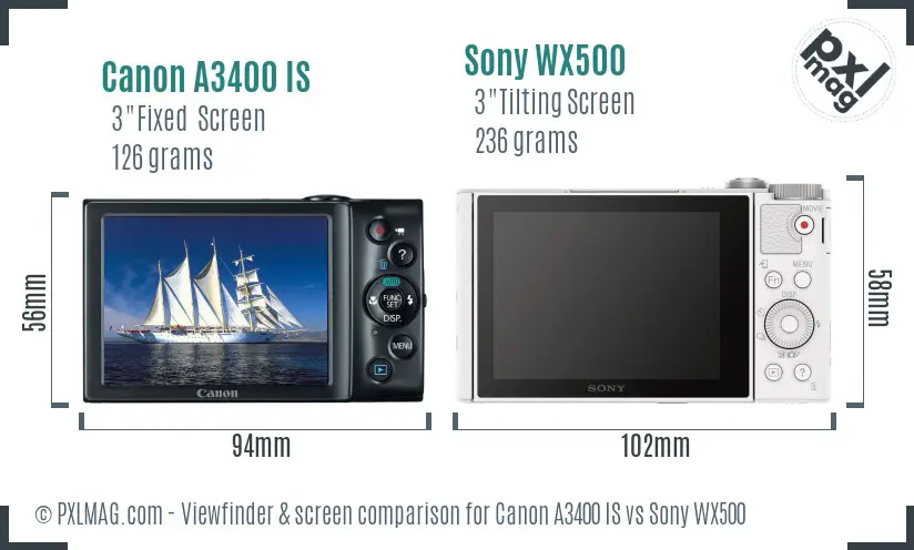 Canon A3400 IS vs Sony WX500 Screen and Viewfinder comparison