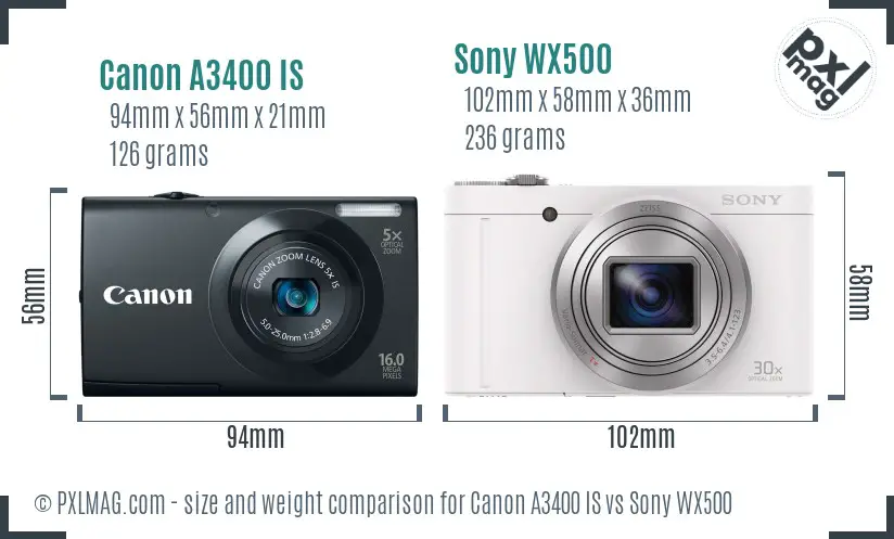 Canon A3400 IS vs Sony WX500 size comparison