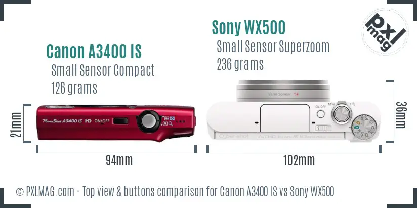 Canon A3400 IS vs Sony WX500 top view buttons comparison