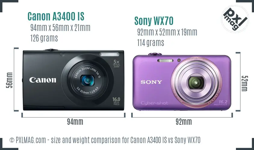 Canon A3400 IS vs Sony WX70 size comparison Canon A3400 IS vs Sony WX70 size comparison