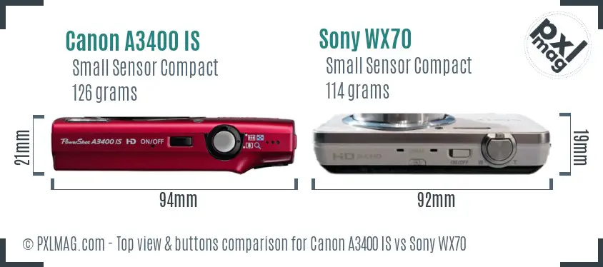 Canon A3400 IS vs Sony WX70 top view buttons comparison Canon A3400 IS vs Sony WX70 top view buttons comparison