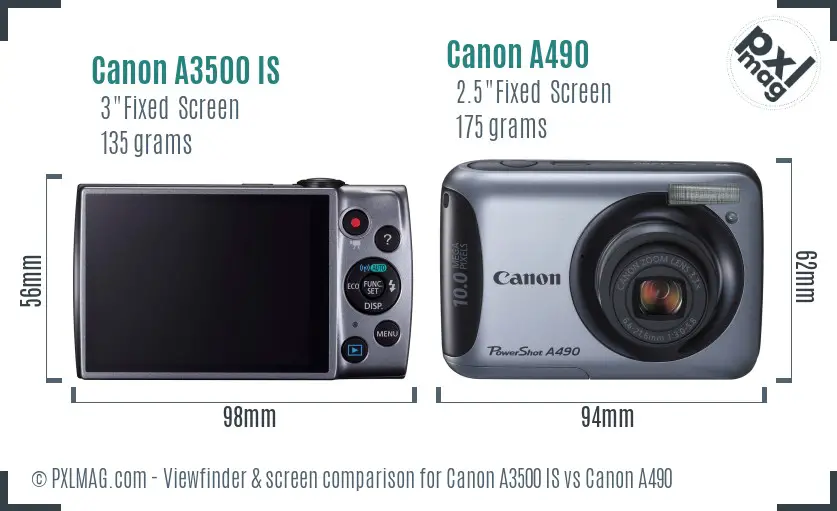 Canon A3500 IS vs Canon A490 Screen and Viewfinder comparison