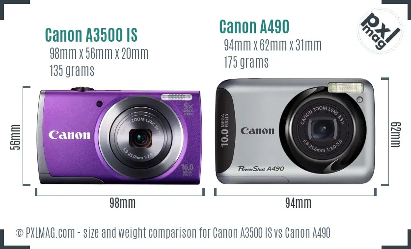 Canon A3500 IS vs Canon A490 size comparison