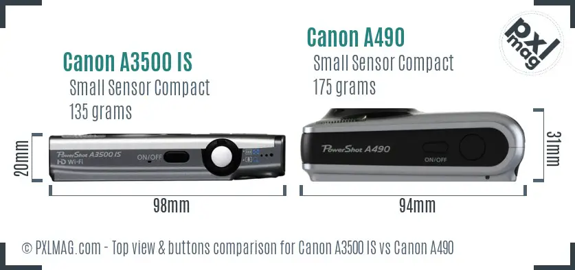Canon A3500 IS vs Canon A490 top view buttons comparison