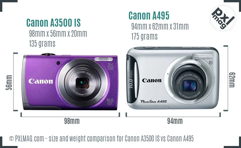 Canon A3500 IS vs Canon A495 size comparison