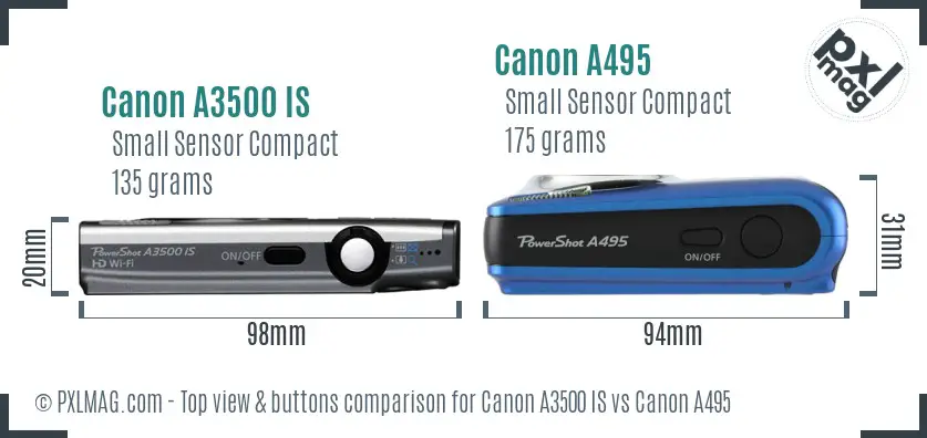 Canon A3500 IS vs Canon A495 top view buttons comparison