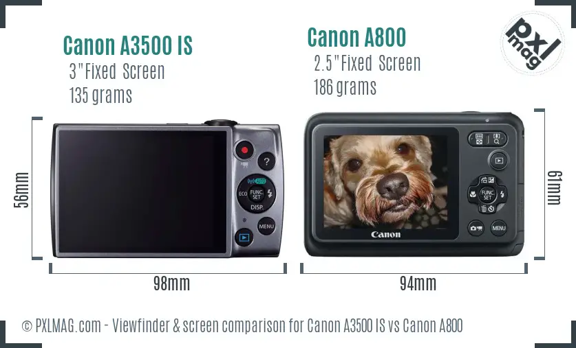 Canon A3500 IS vs Canon A800 Screen and Viewfinder comparison