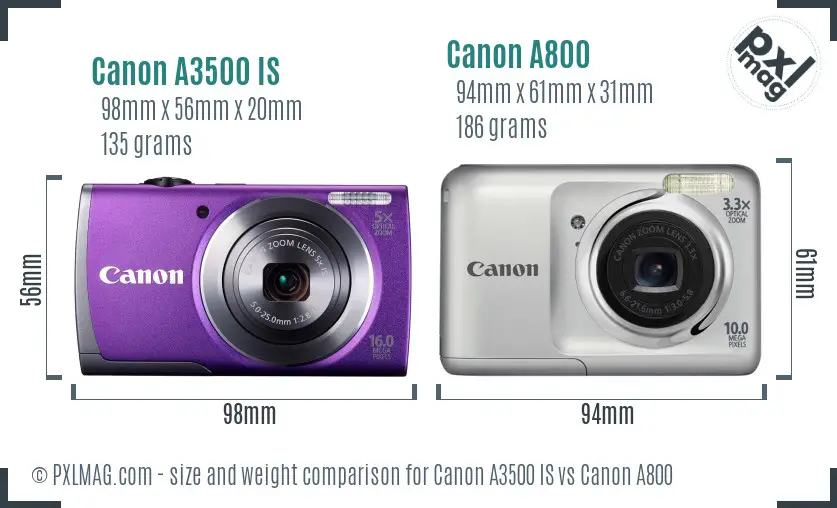 Canon A3500 IS vs Canon A800 size comparison