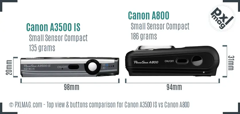 Canon A3500 IS vs Canon A800 top view buttons comparison