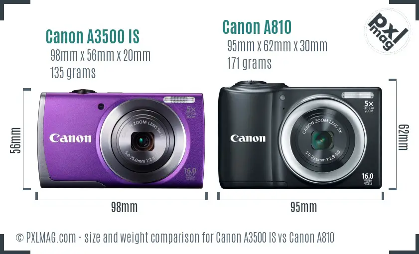 Canon A3500 IS vs Canon A810 size comparison