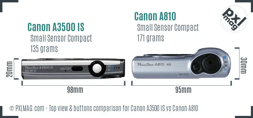 Canon A3500 IS vs Canon A810 top view buttons comparison