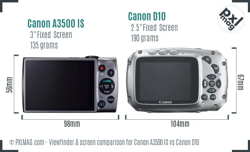Canon A3500 IS vs Canon D10 Screen and Viewfinder comparison