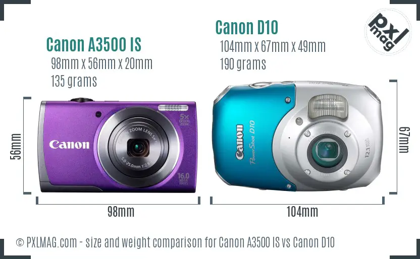 Canon A3500 IS vs Canon D10 size comparison