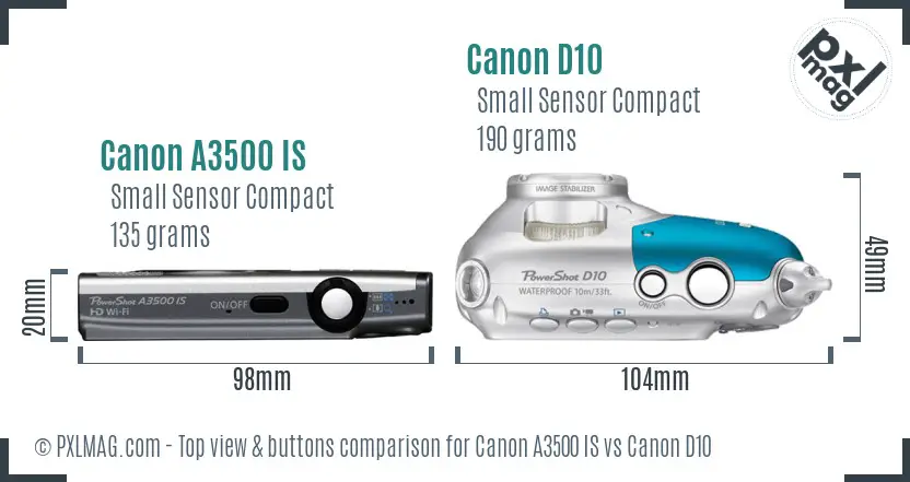 Canon A3500 IS vs Canon D10 top view buttons comparison
