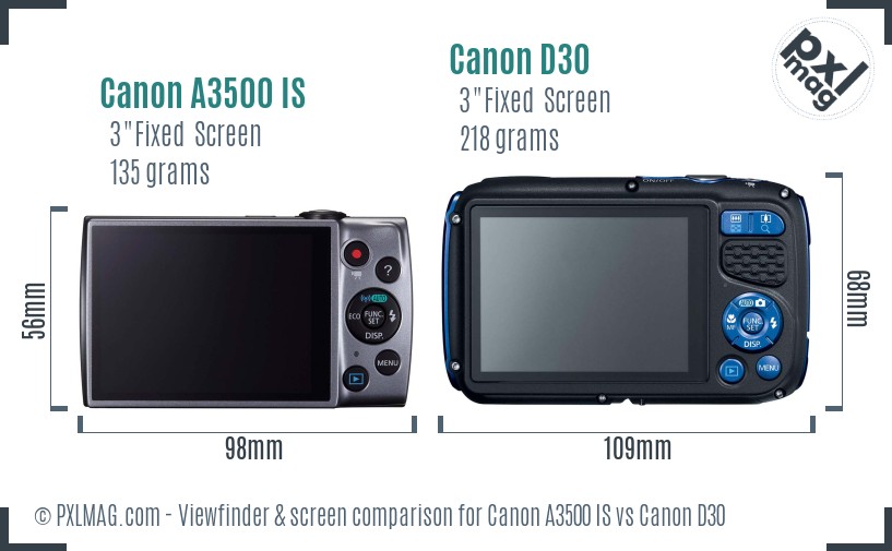 Canon A3500 IS vs Canon D30 Screen and Viewfinder comparison
