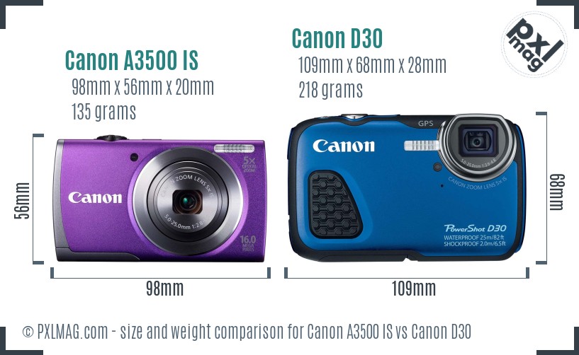 Canon A3500 IS vs Canon D30 size comparison