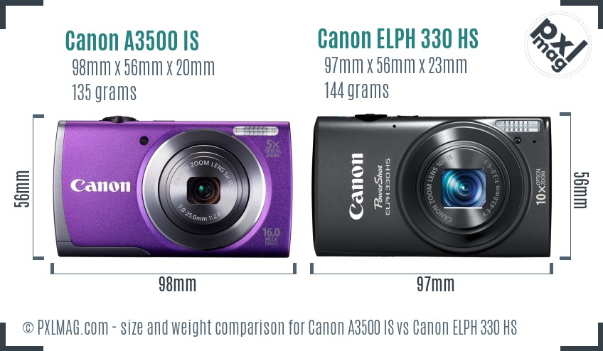 Canon A3500 IS vs Canon ELPH 330 HS size comparison