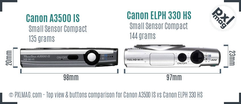Canon A3500 IS vs Canon ELPH 330 HS top view buttons comparison