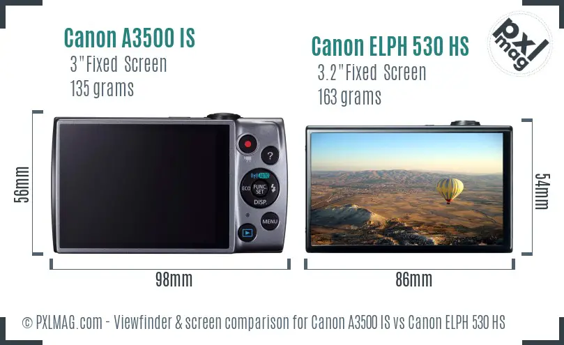 Canon A3500 IS vs Canon ELPH 530 HS Screen and Viewfinder comparison