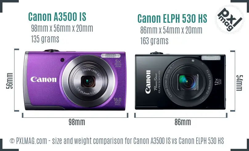 Canon A3500 IS vs Canon ELPH 530 HS size comparison