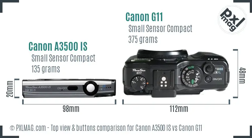 Canon A3500 IS vs Canon G11 top view buttons comparison Canon A3500 IS vs Canon G11 top view buttons comparison