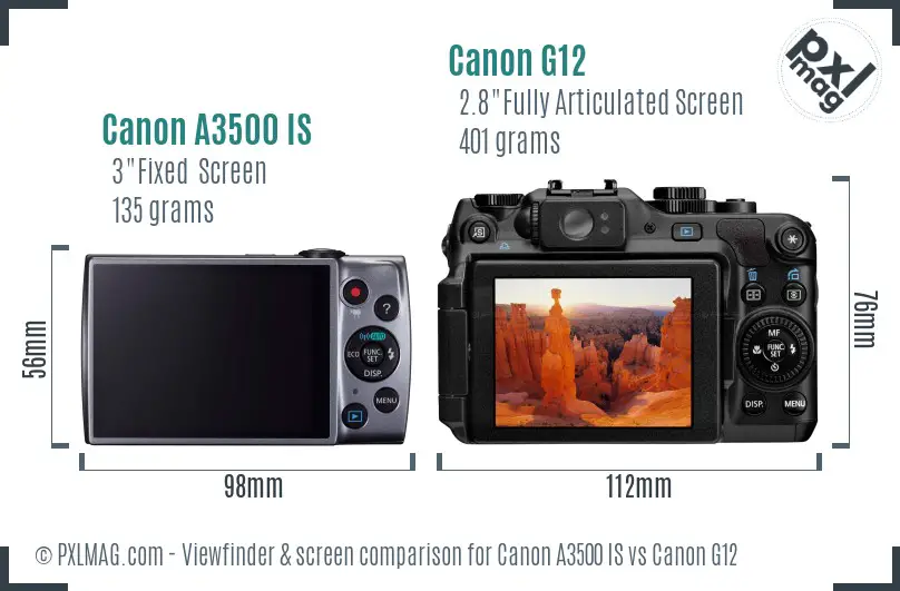 Canon A3500 IS vs Canon G12 Screen and Viewfinder comparison