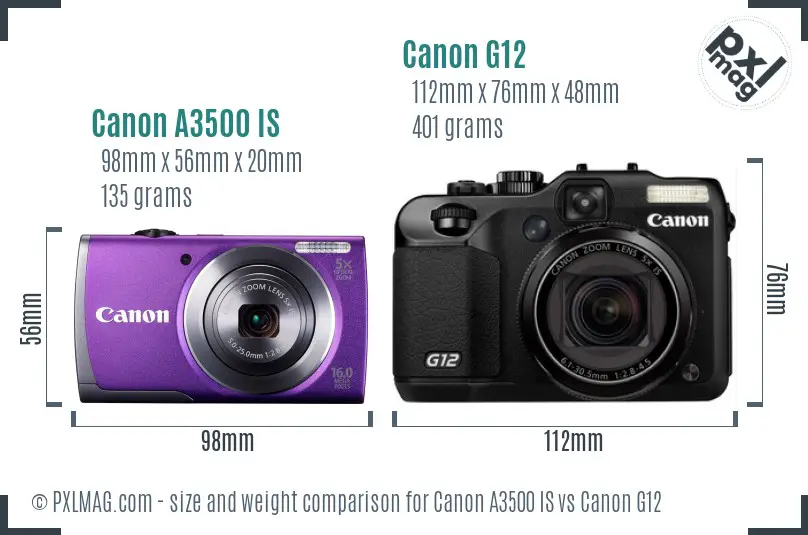 Canon A3500 IS vs Canon G12 size comparison