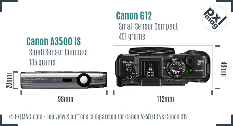 Canon A3500 IS vs Canon G12 top view buttons comparison