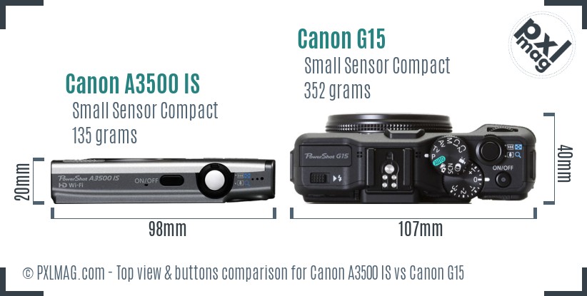 Canon A3500 IS vs Canon G15 top view buttons comparison