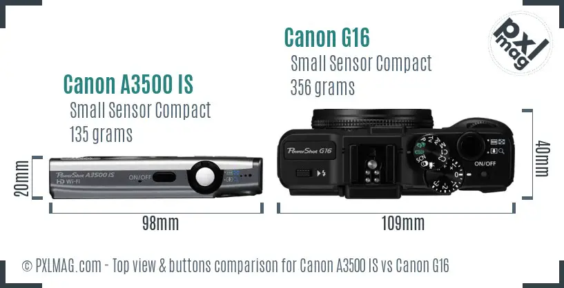 Canon A3500 IS vs Canon G16 top view buttons comparison