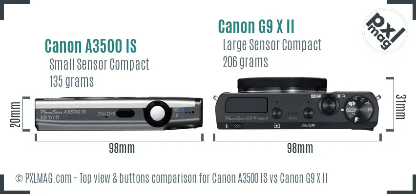 Canon A3500 IS vs Canon G9 X II top view buttons comparison