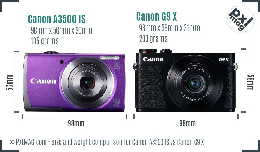 Canon A3500 IS vs Canon G9 X size comparison Canon A3500 IS vs Canon G9 X size comparison