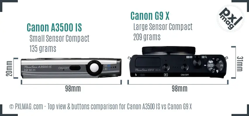 Canon A3500 IS vs Canon G9 X top view buttons comparison