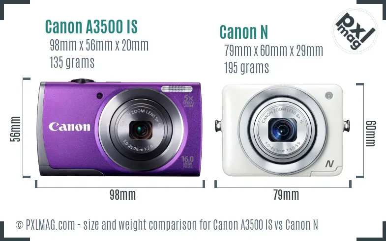Canon A3500 IS vs Canon N size comparison