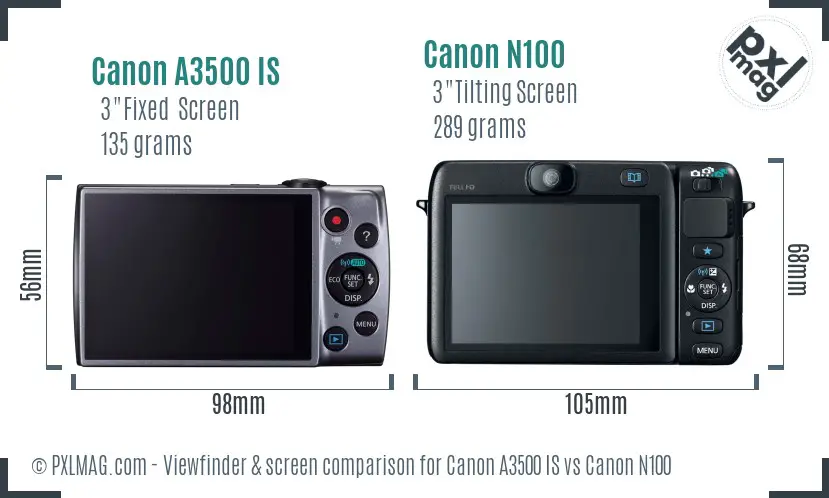 Canon A3500 IS vs Canon N100 Screen and Viewfinder comparison