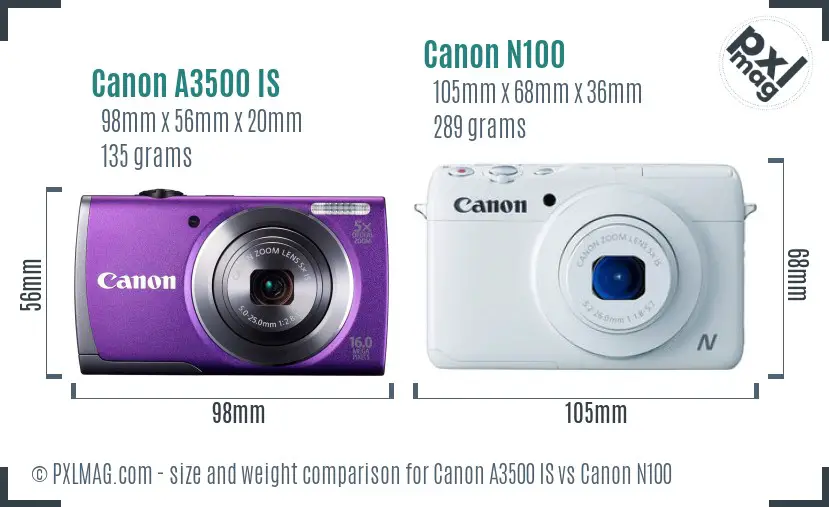 Canon A3500 IS vs Canon N100 size comparison