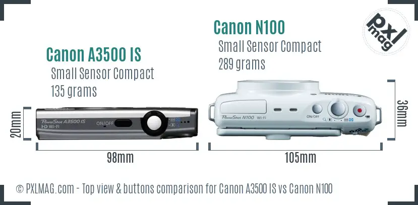 Canon A3500 IS vs Canon N100 top view buttons comparison