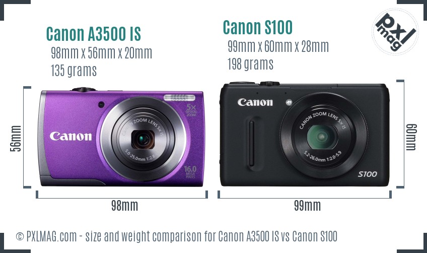 Canon A3500 IS vs Canon S100 size comparison