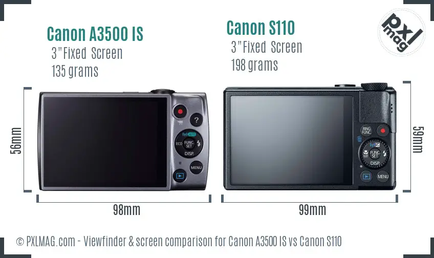 Canon A3500 IS vs Canon S110 Screen and Viewfinder comparison